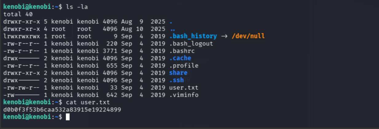 SSH login as kenobi succeeding with the stolen key, user flag visible